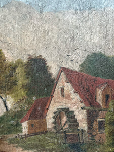 Naive antique 19th Century oil painting rural landscape on wooden panel