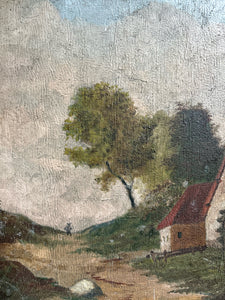 Naive antique 19th Century oil painting rural landscape on wooden panel