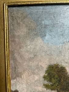 Naive antique 19th Century oil painting rural landscape on wooden panel