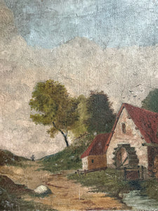 Naive antique 19th Century oil painting rural landscape on wooden panel