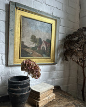 Load image into Gallery viewer, Naive antique 19th Century oil painting rural landscape on wooden panel