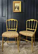 Load image into Gallery viewer, Pair of Napoleon III Chiavari wooden gilded gold salon chairs with damask seating