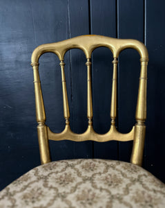 Pair of Napoleon III Chiavari wooden gilded gold salon chairs with damask seating