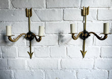 Load image into Gallery viewer, Pair of Mid 20th Century French Empire antique brass &amp; black arrow wall lights fully restored