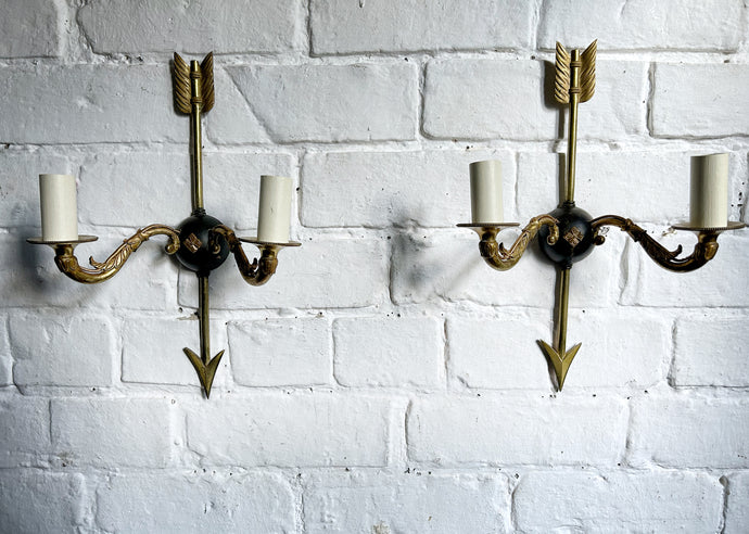 Pair of Mid 20th Century French Empire antique brass & black arrow wall lights fully restored