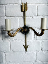 Load image into Gallery viewer, Pair of Mid 20th Century French Empire antique brass &amp; black arrow wall lights fully restored