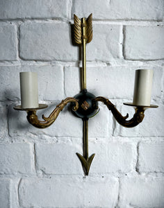 Pair of Mid 20th Century French Empire antique brass & black arrow wall lights fully restored