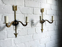 Load image into Gallery viewer, Pair of Mid 20th Century French Empire antique brass &amp; black arrow wall lights fully restored