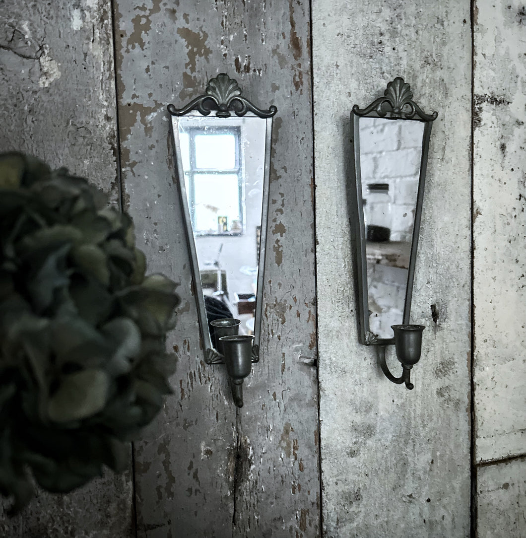 Pair antique Swedish 1930's mirrored candle sconces with pewter frames