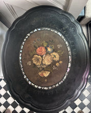Load image into Gallery viewer, Black Victorian tilt top papier mache table with floral top and mother of pearl inlay