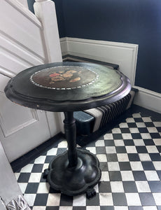 Black Victorian tilt top papier mache table with floral top and mother of pearl inlay