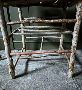 Primitive coppiced wood twig chair with carved mouse on back