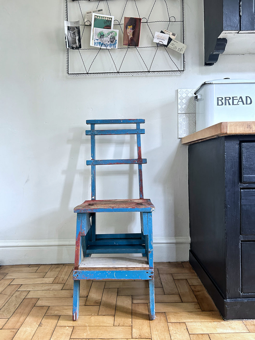 Rustic blue original painted wooden metamorphic step ladder chair