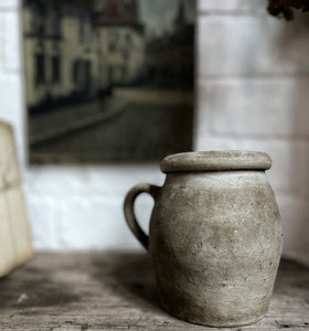 Rustic French vintage stoneware confit pot with handle
