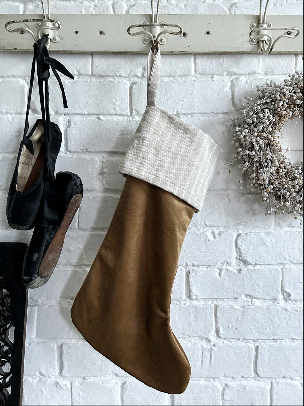 Luxury hand made Christmas stocking toffee velvet striped ticking fabric