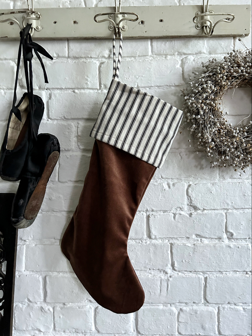 Hand made luxury brown velvet black white ticking strip fabric Christmas stocking