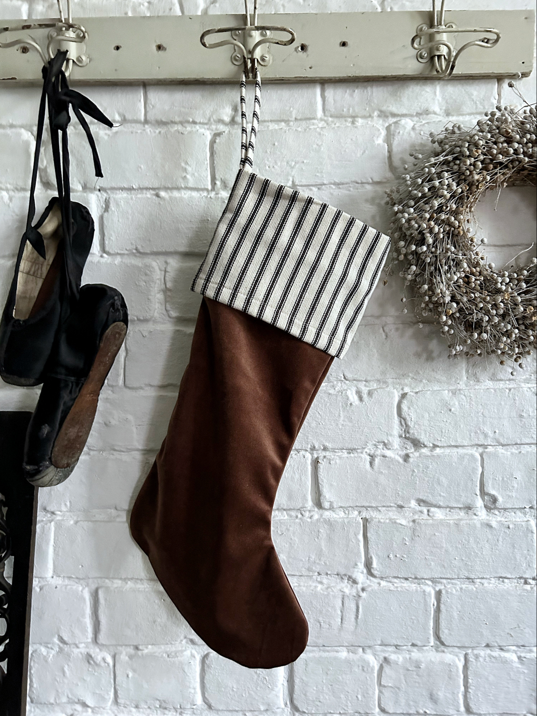 Hand made luxury brown velvet black white ticking strip fabric Christmas stocking