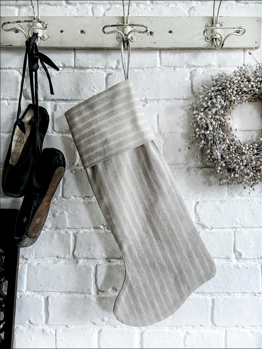 Luxury hand made Christmas stocking stone & white ticking stripe fabric