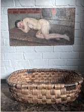 Load image into Gallery viewer, A Vintage coppiced wooden woven oak swill basket with darker bent wood rim.