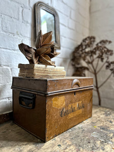 Scumbled painted antique deed box name in fine writing on the front