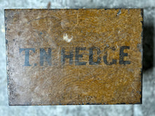 Load image into Gallery viewer, Scumbled painted antique deed box name in fine writing on the front