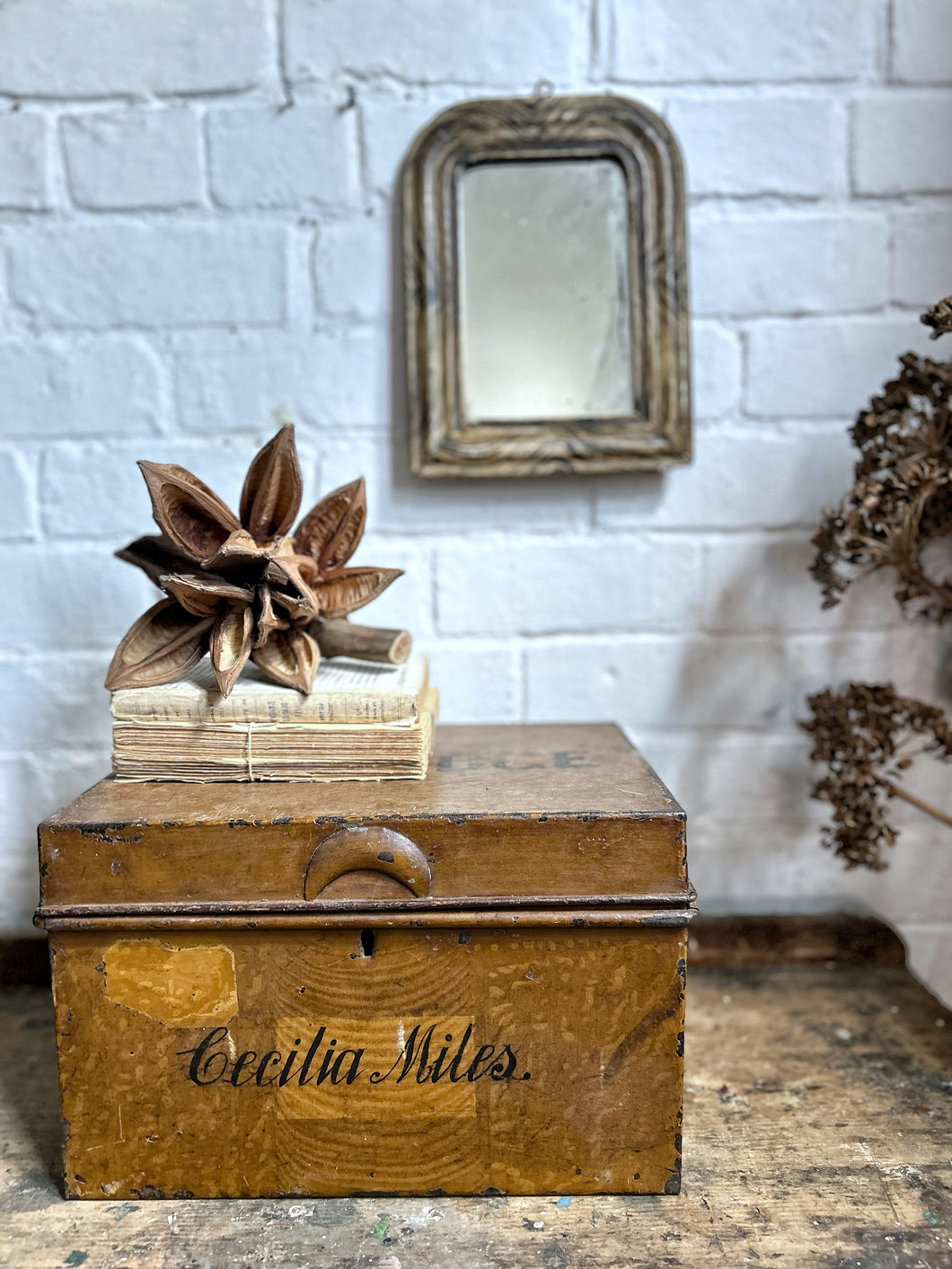 Scumbled painted antique deed box name in fine writing on the front