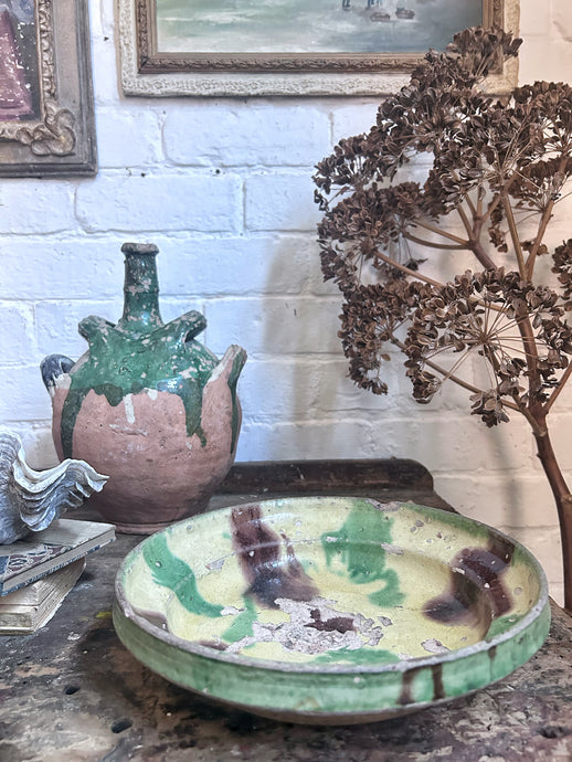 Antique 19th century Whieldon type dish bowl yellow & green glaze