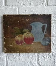 Load image into Gallery viewer, Small antique 1990&#39;s still life oil painting on canvas fruit apples jug