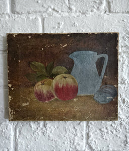 Small antique 1990's still life oil painting on canvas fruit apples jug