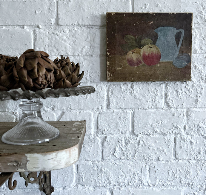 Small antique 1990's still life oil painting on canvas fruit apples jug
