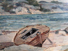 Load image into Gallery viewer, Swedish Vintage Mid Century oil painting coastal scene with moored boat