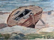 Load image into Gallery viewer, Swedish Vintage Mid Century oil painting coastal scene with moored boat