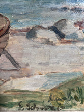 Load image into Gallery viewer, Swedish Vintage Mid Century oil painting coastal scene with moored boat