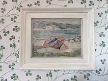 Load image into Gallery viewer, Swedish Vintage Mid Century oil painting coastal scene with moored boat