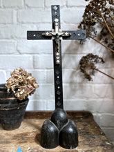 Load image into Gallery viewer, Unusual carved ebonised wood &amp; mother of pearl antique church altar cross