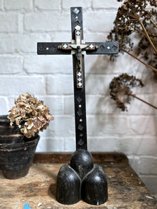 Unusual carved ebonised wood & mother of pearl antique church altar cross