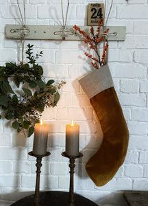 velvet christmas stocking Ochre, Amber, Umber, Brown with linen top