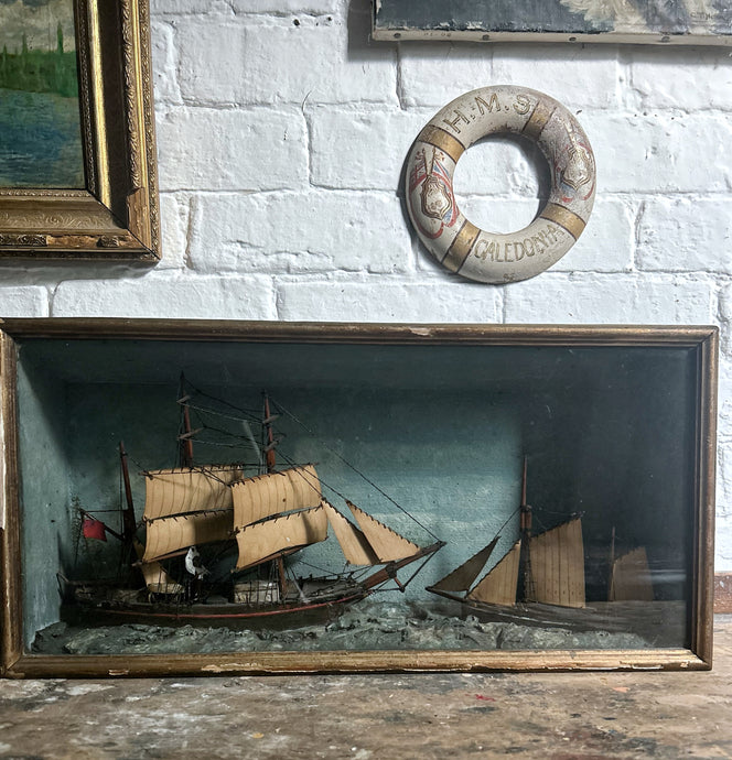 Victorian 19th Century Diorama  folk art hand made ship in wooden glass front case