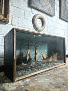 Victorian 19th Century Diorama  folk art hand made ship in wooden glass front case
