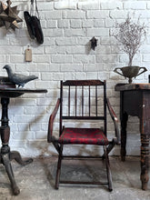 Load image into Gallery viewer, Antique Victorian wooden folding campaign chair with carpet seat