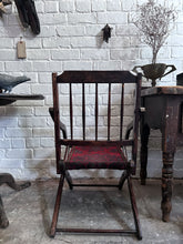 Load image into Gallery viewer, Antique Victorian wooden folding campaign chair with carpet seat