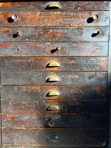 Victorian antique dark wood Industrial graduating printers drawers