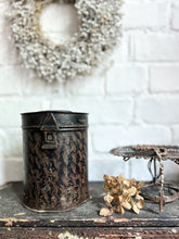Load image into Gallery viewer, 19th Century Small black hand decorated toleware storage tin folk art
