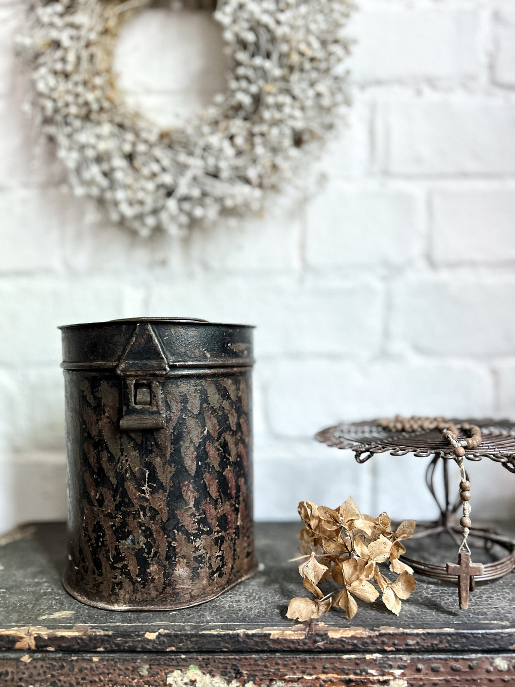 19th Century Small black hand decorated toleware storage tin folk art