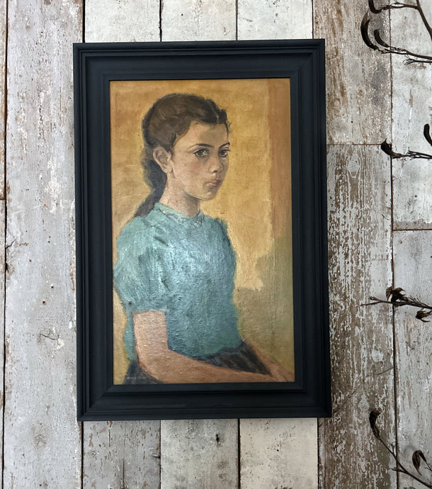 Vintage 1930's Realism oil on board portrait painting girl in blue