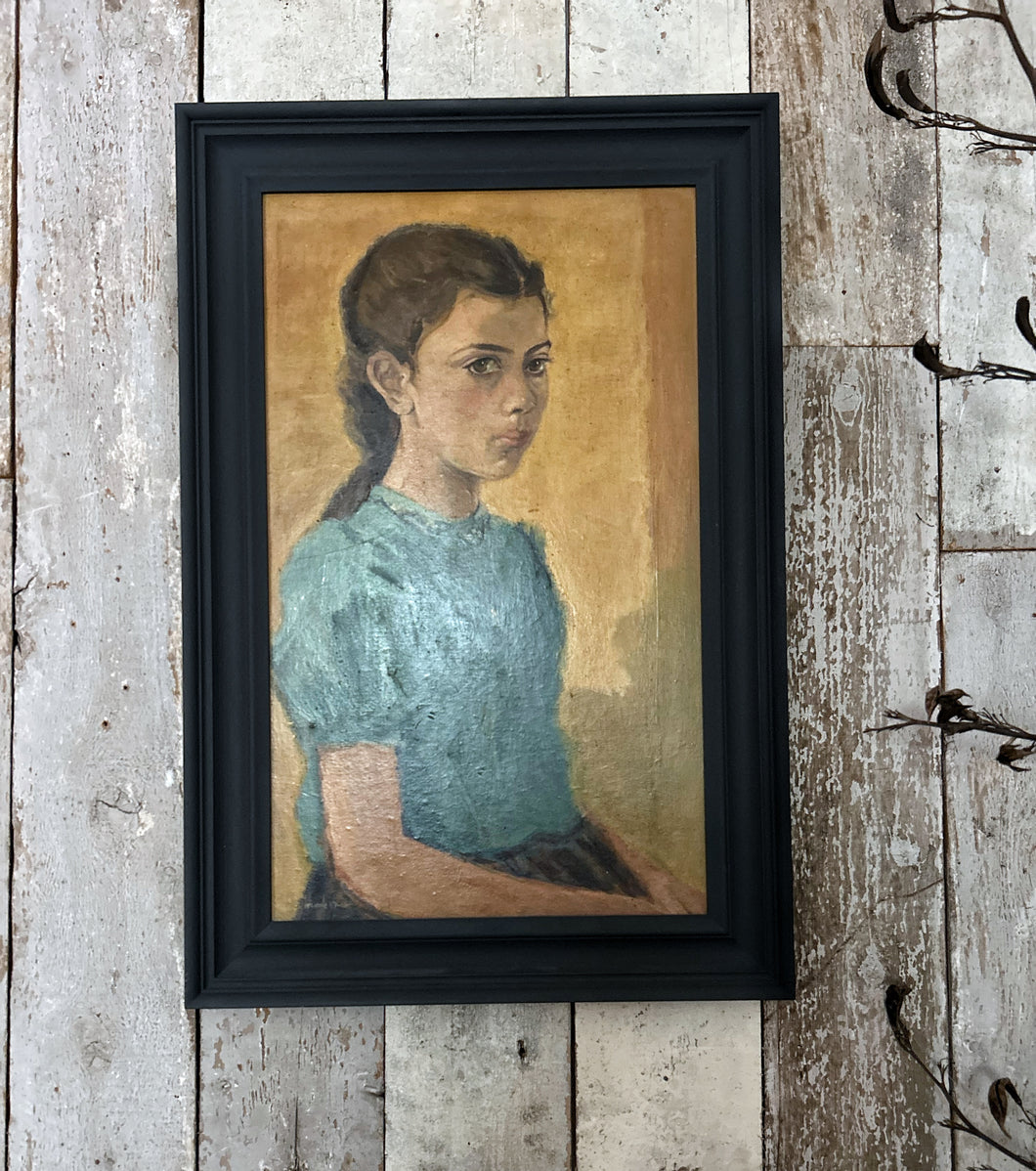 Vintage 1930's Realism oil on board portrait painting girl in blue