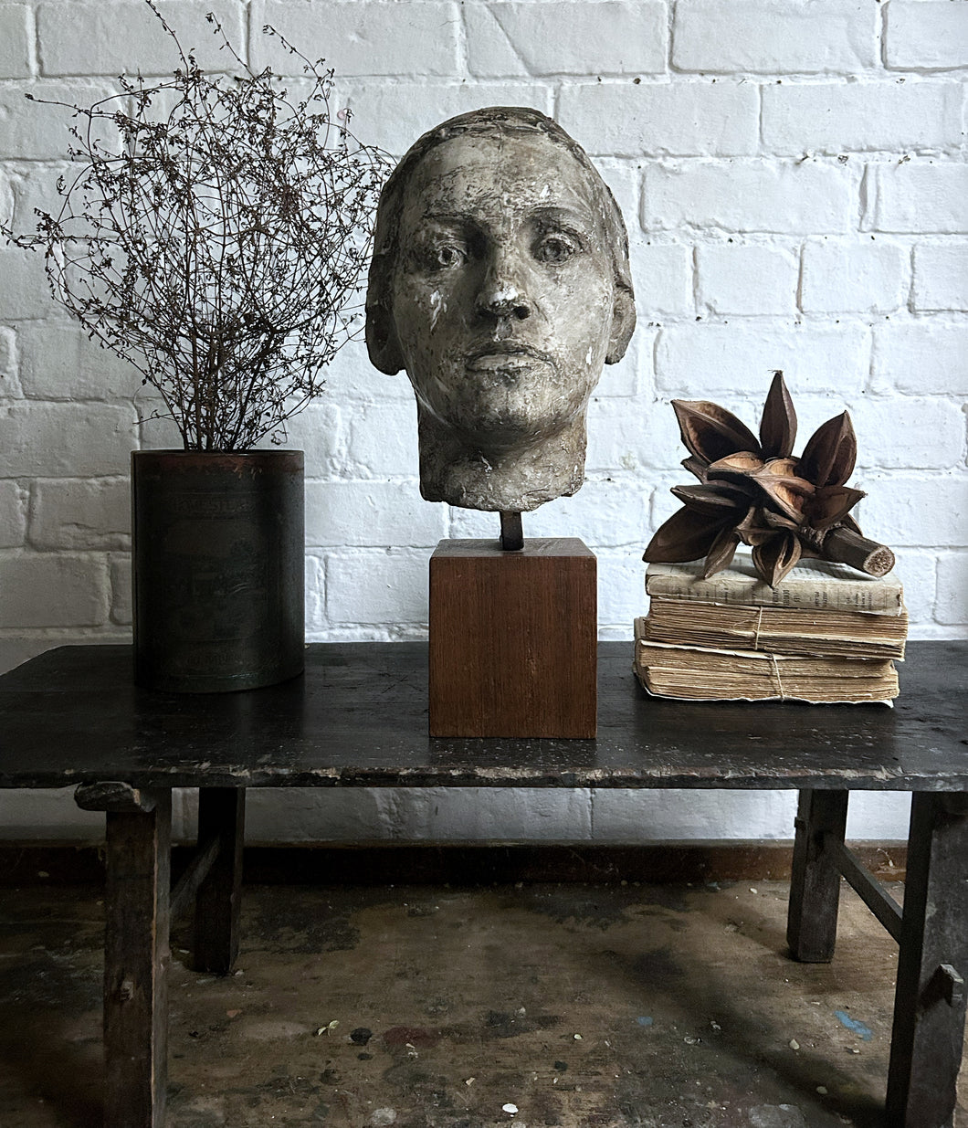 Vintage 20th Century art school plaster bust sculpture on hard wood plinth