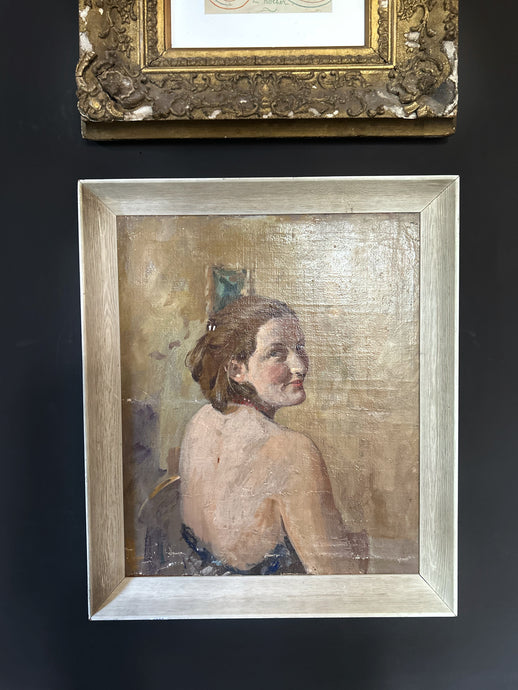 Vintage 20th Century realism portrait oil painting on canvas female lady