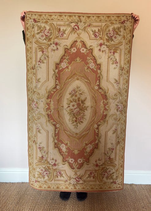 Antique 19th century Aubusson Floral Needlepoint Handmade medallion Rug