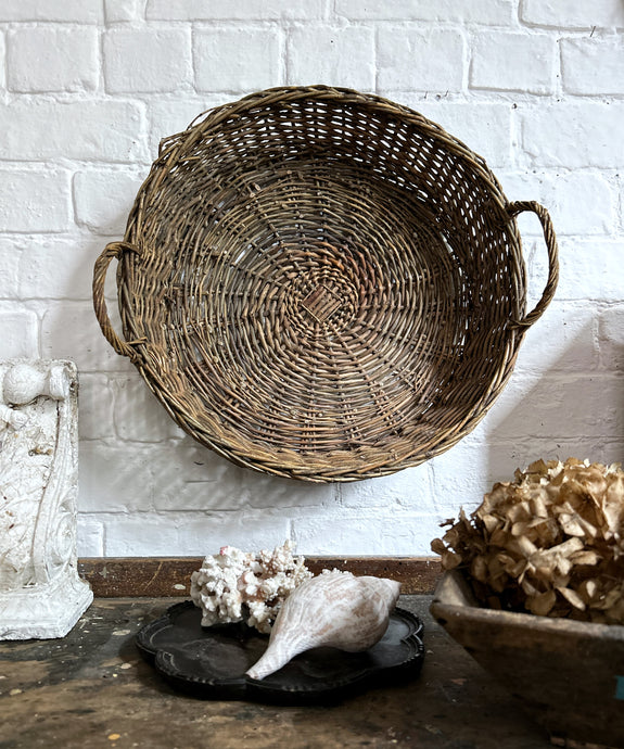 Vintage European flat willow basket with handles 